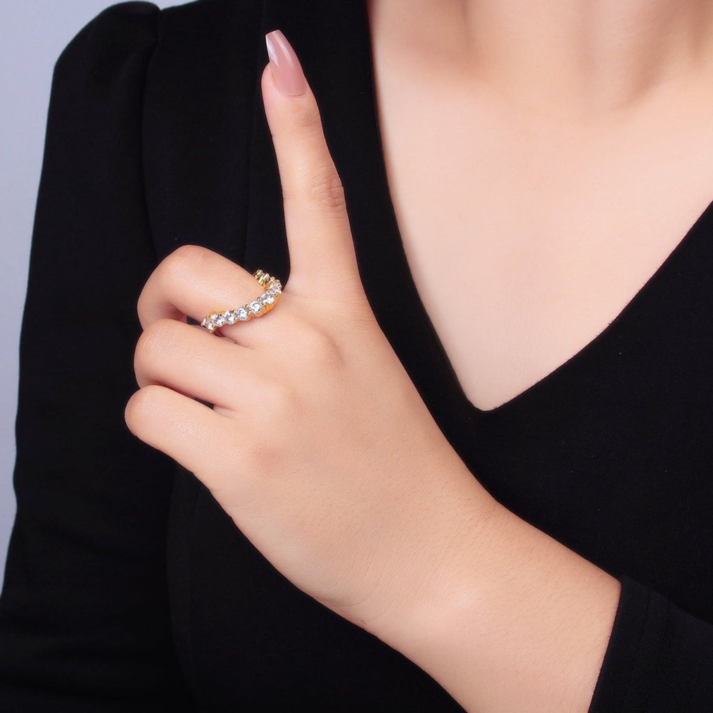 24K Gold plated Clear CZ Paved Curved Chevron Ring | U426 - DLUXCA