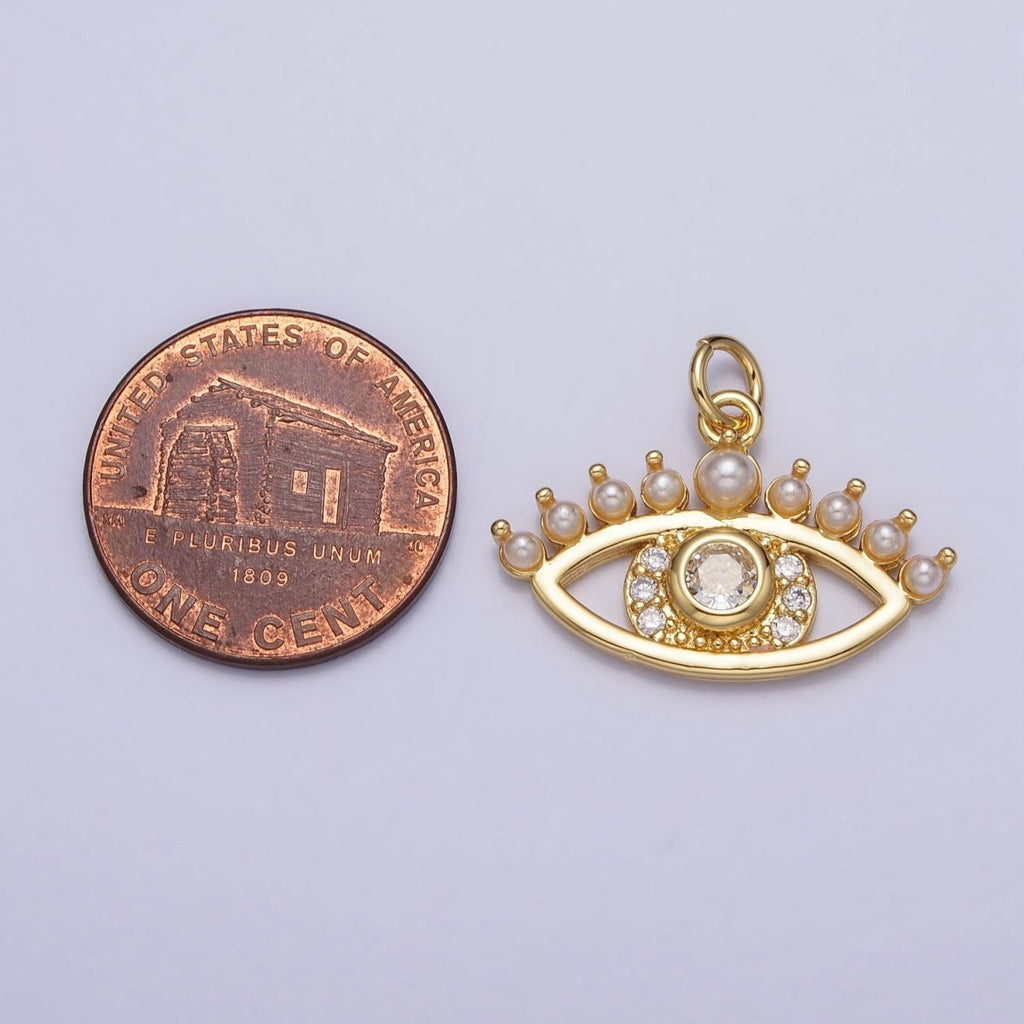 24K Gold plated Clear CZ Pearl Lined Evil Eye Protection Charm | AC315 - DLUXCA