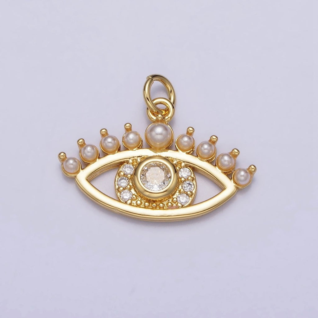 24K Gold plated Clear CZ Pearl Lined Evil Eye Protection Charm | AC315 - DLUXCA