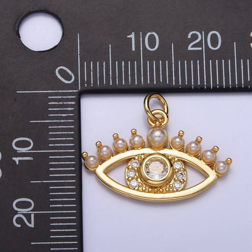 24K Gold plated Clear CZ Pearl Lined Evil Eye Protection Charm | AC315 - DLUXCA