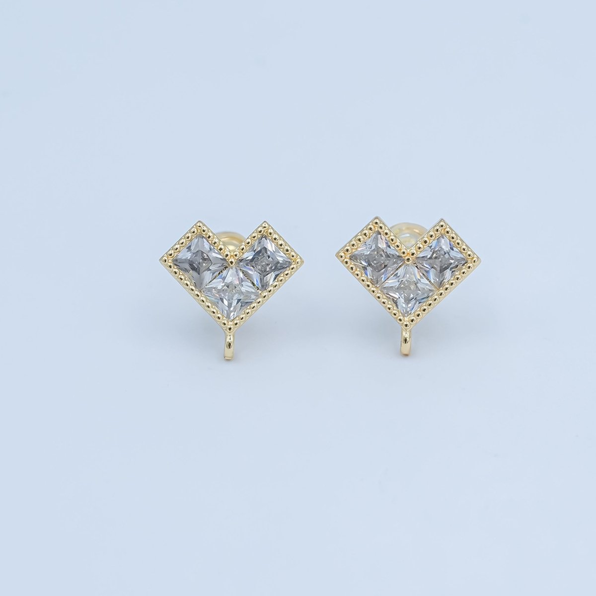 24K Gold plated Clear CZ Pixelated Heart Drop Stud Earrings Findings | Z1115 - DLUXCA