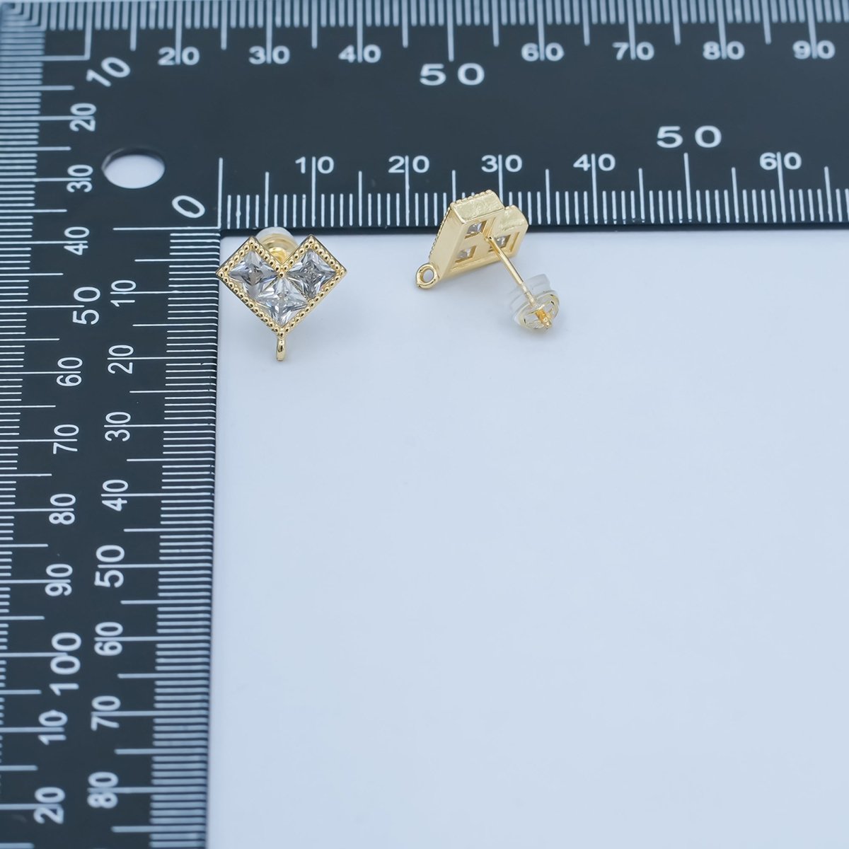 24K Gold plated Clear CZ Pixelated Heart Drop Stud Earrings Findings | Z1115 - DLUXCA