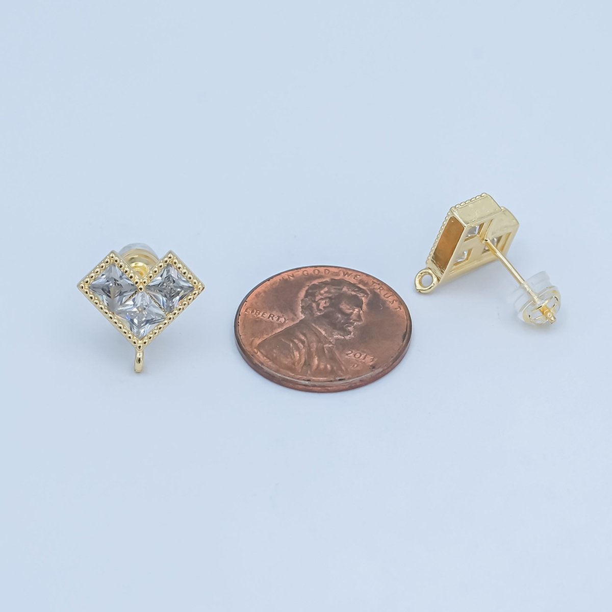 24K Gold plated Clear CZ Pixelated Heart Drop Stud Earrings Findings | Z1115 - DLUXCA