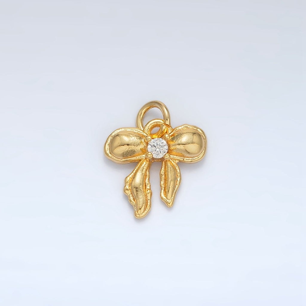 24K Gold plated Clear CZ Puffed Ribbon Bow Mini Charm | AC151 - DLUXCA