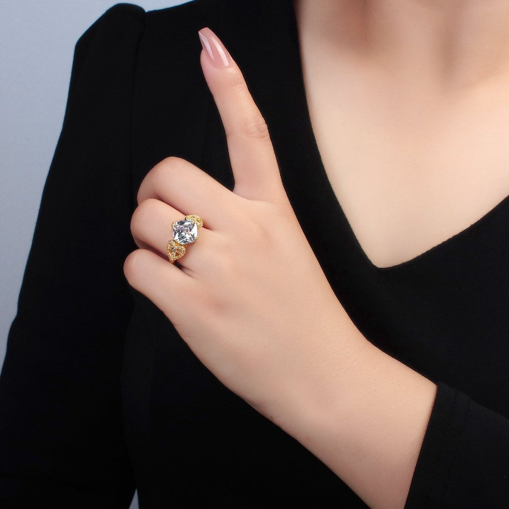 24K Gold plated Clear CZ Rhombus Micro Paved CZ Artisan Heart Solitaire Ring | U338 - DLUXCA
