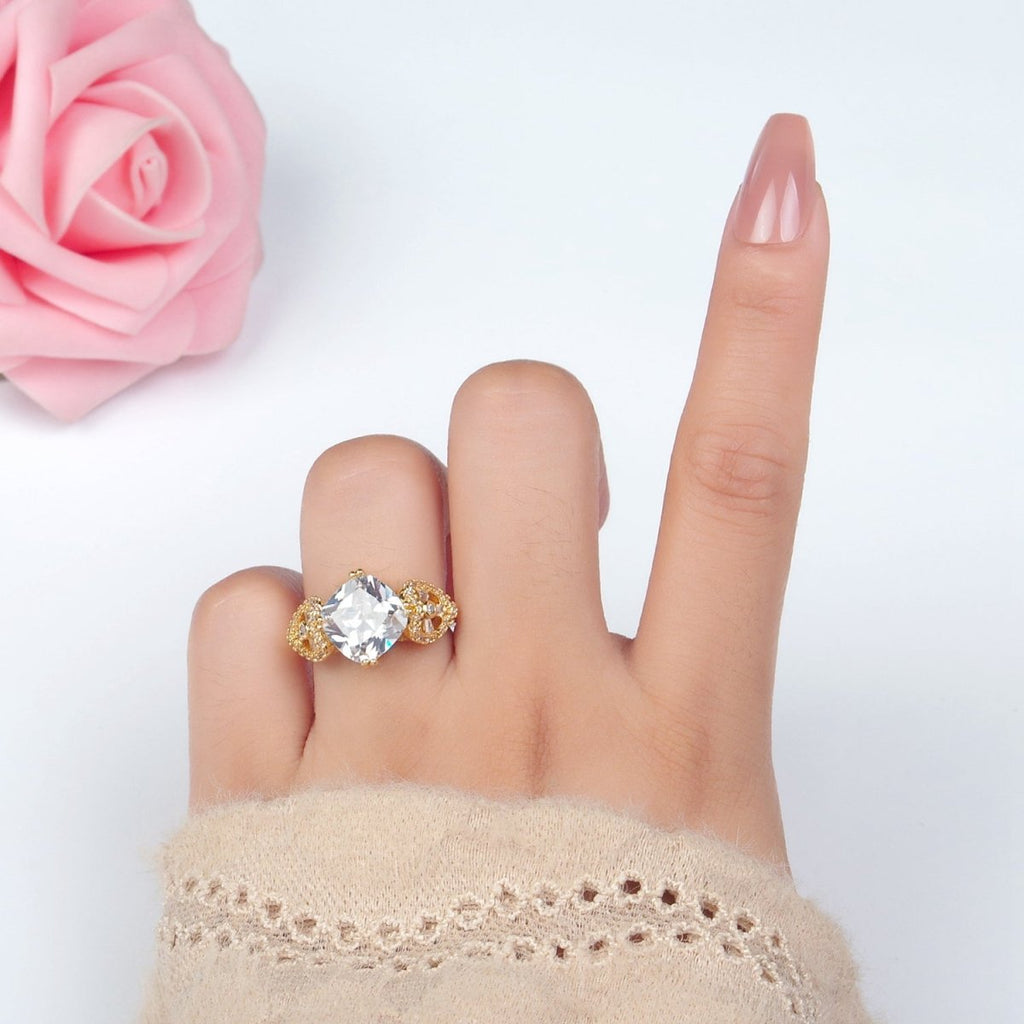 24K Gold plated Clear CZ Rhombus Micro Paved CZ Artisan Heart Solitaire Ring | U338 - DLUXCA