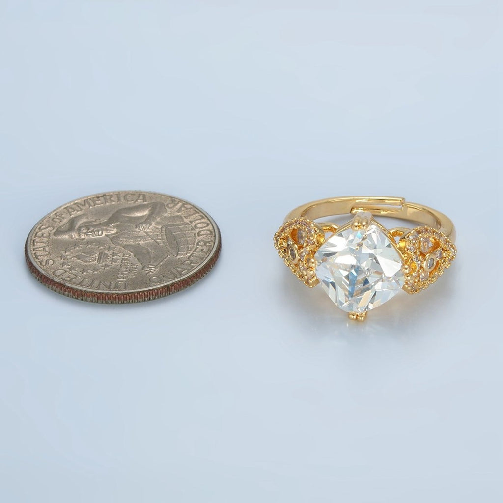 24K Gold plated Clear CZ Rhombus Micro Paved CZ Artisan Heart Solitaire Ring | U338 - DLUXCA