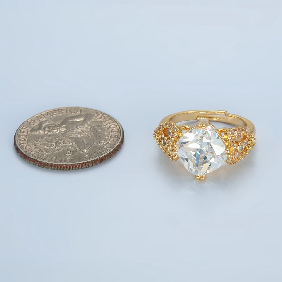 24K Gold plated Clear CZ Rhombus Micro Paved CZ Artisan Heart Solitaire Ring | U338 - DLUXCA