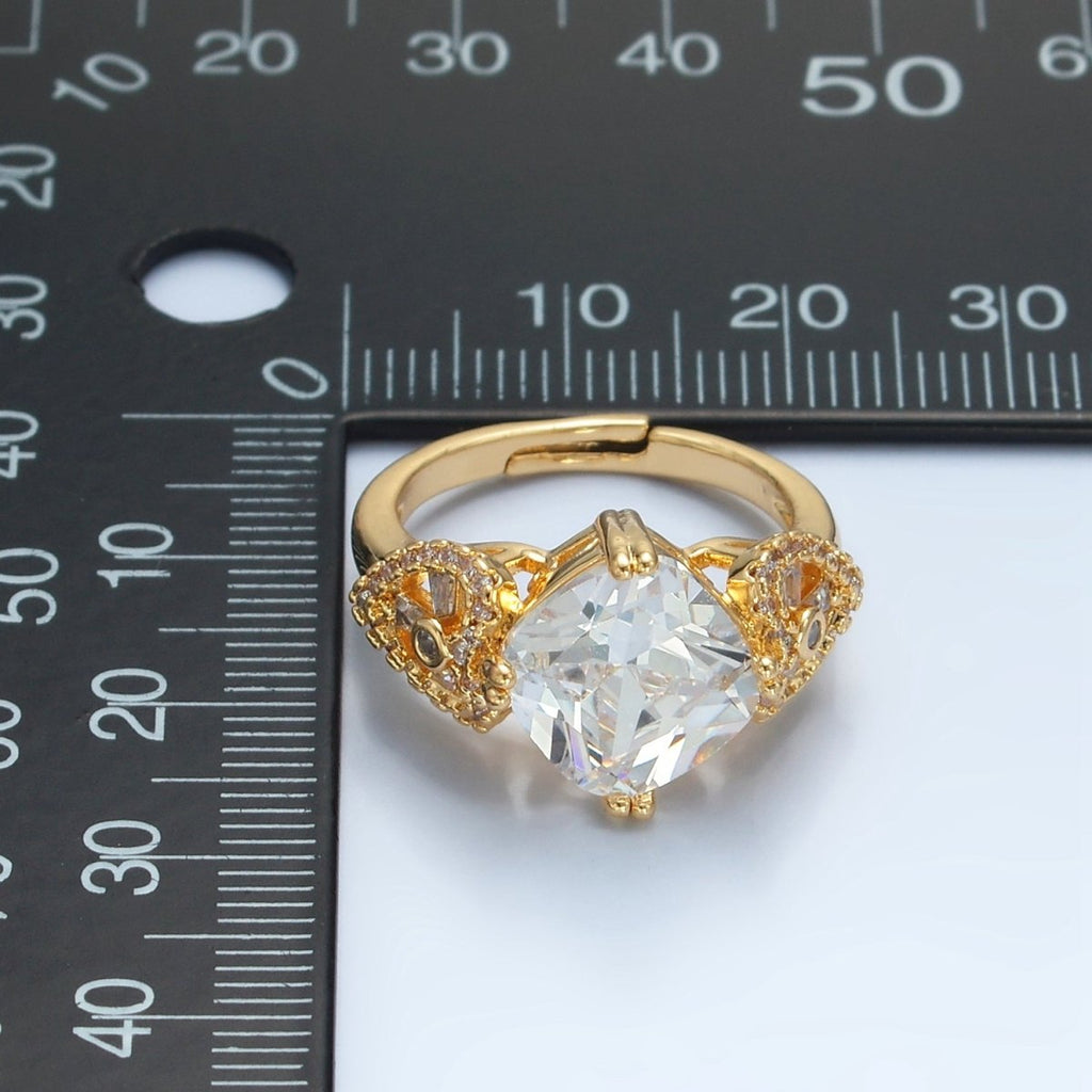 24K Gold plated Clear CZ Rhombus Micro Paved CZ Artisan Heart Solitaire Ring | U338 - DLUXCA