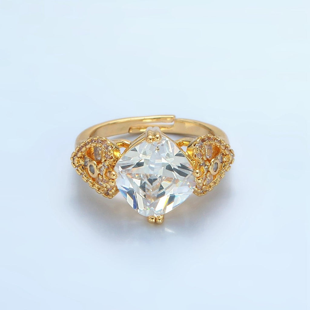 24K Gold plated Clear CZ Rhombus Micro Paved CZ Artisan Heart Solitaire Ring | U338 - DLUXCA