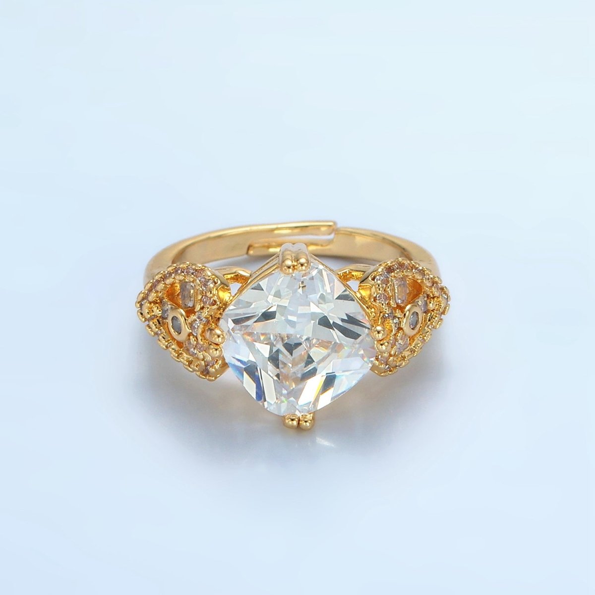 24K Gold plated Clear CZ Rhombus Micro Paved CZ Artisan Heart Solitaire Ring | U338 - DLUXCA