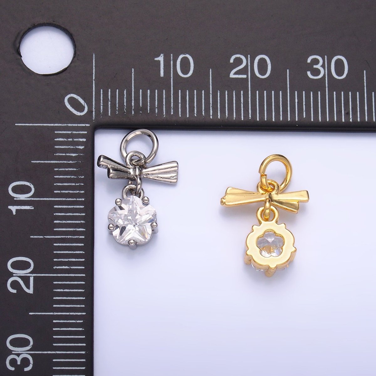 24K Gold plated Clear CZ Ribbon Bow Drop Charm in Gold & Silver | W815 