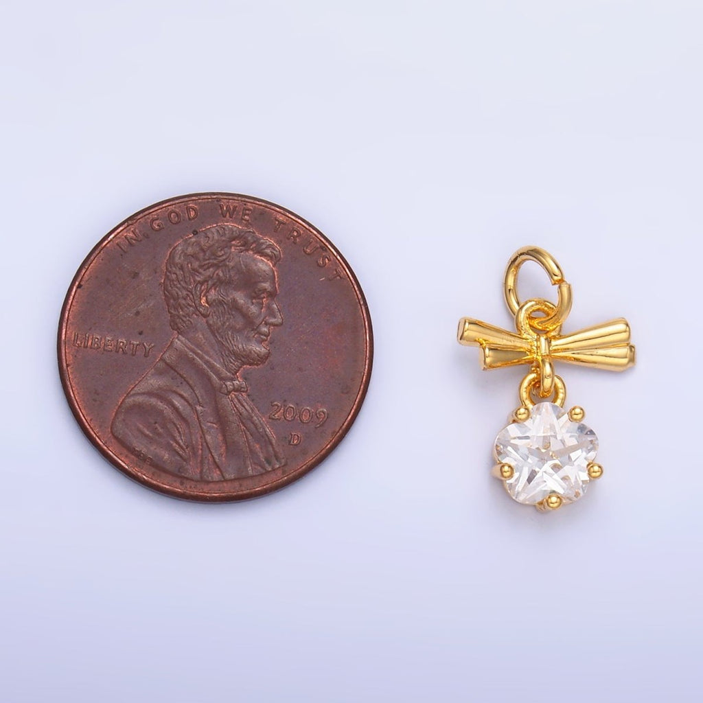 24K Gold plated Clear CZ Ribbon Bow Drop Charm in Gold & Silver | W815 