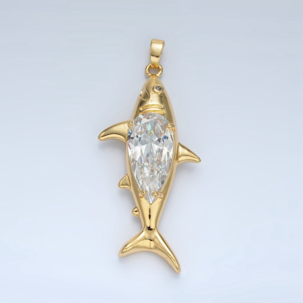 24K Gold plated Clear CZ Shark Sea Animal Pendant | AA867 - DLUXCA