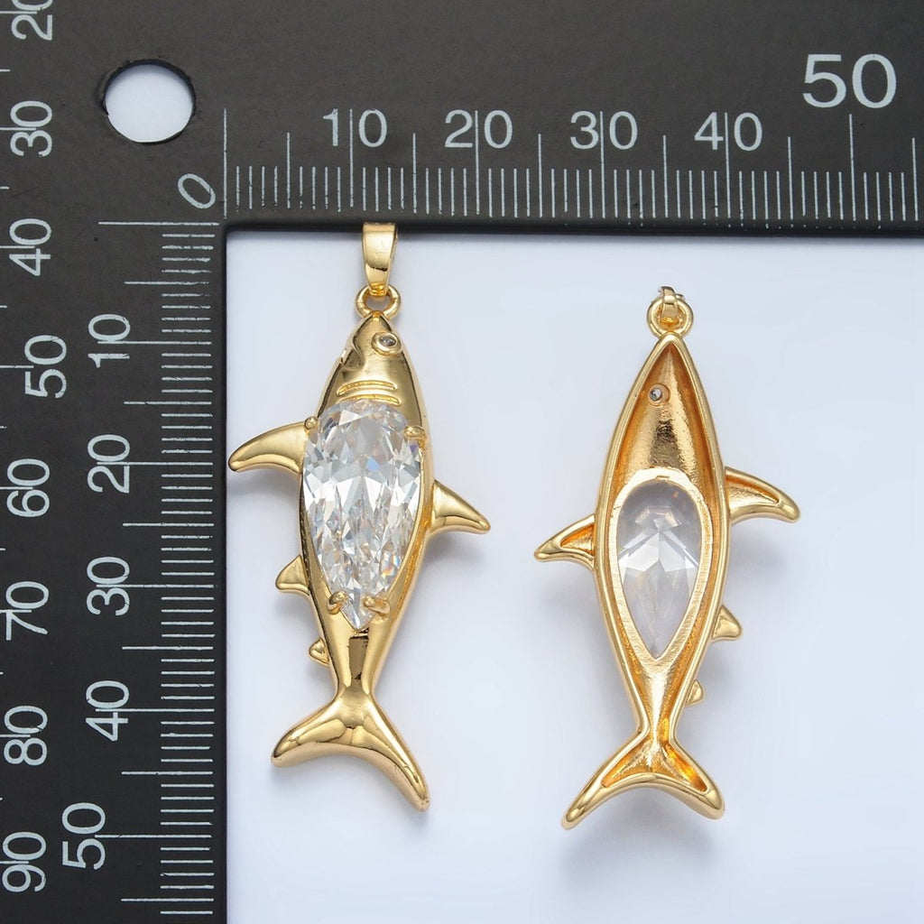 24K Gold plated Clear CZ Shark Sea Animal Pendant | AA867 - DLUXCA