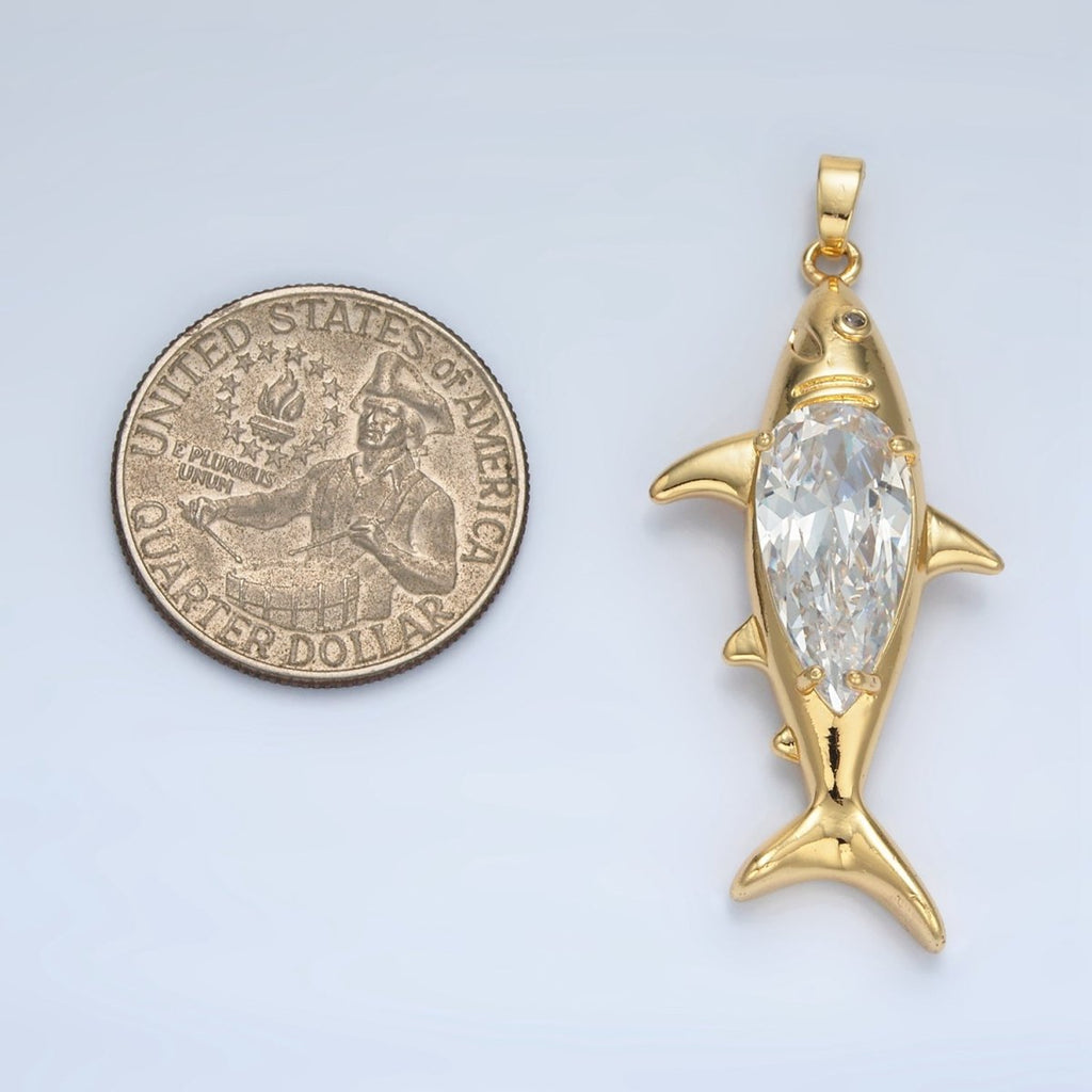 24K Gold plated Clear CZ Shark Sea Animal Pendant | AA867 - DLUXCA