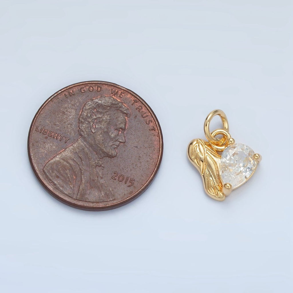 24K Gold plated Clear CZ Teardrop Engraved Leaf Nature Heart Charm | X293 - DLUXCA