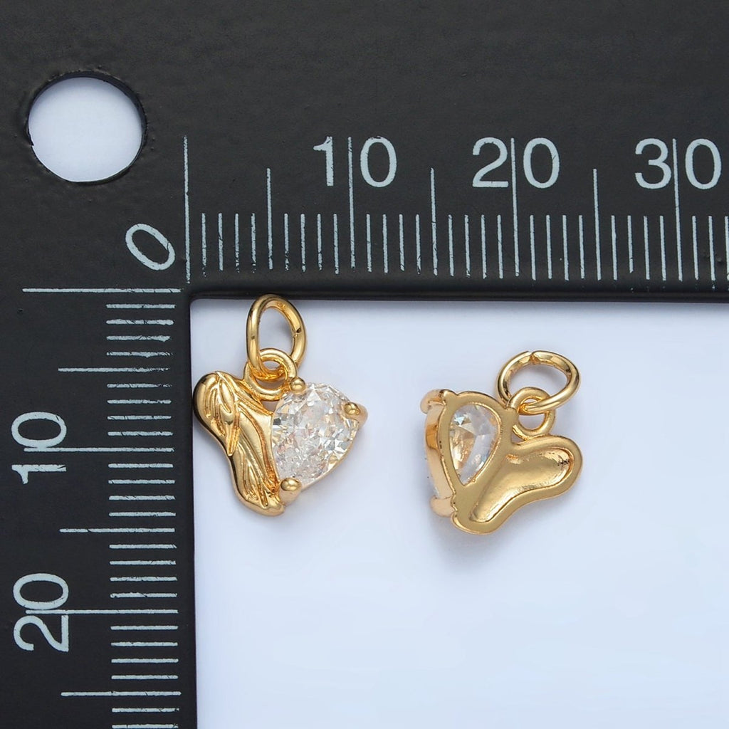 24K Gold plated Clear CZ Teardrop Engraved Leaf Nature Heart Charm | X293 - DLUXCA