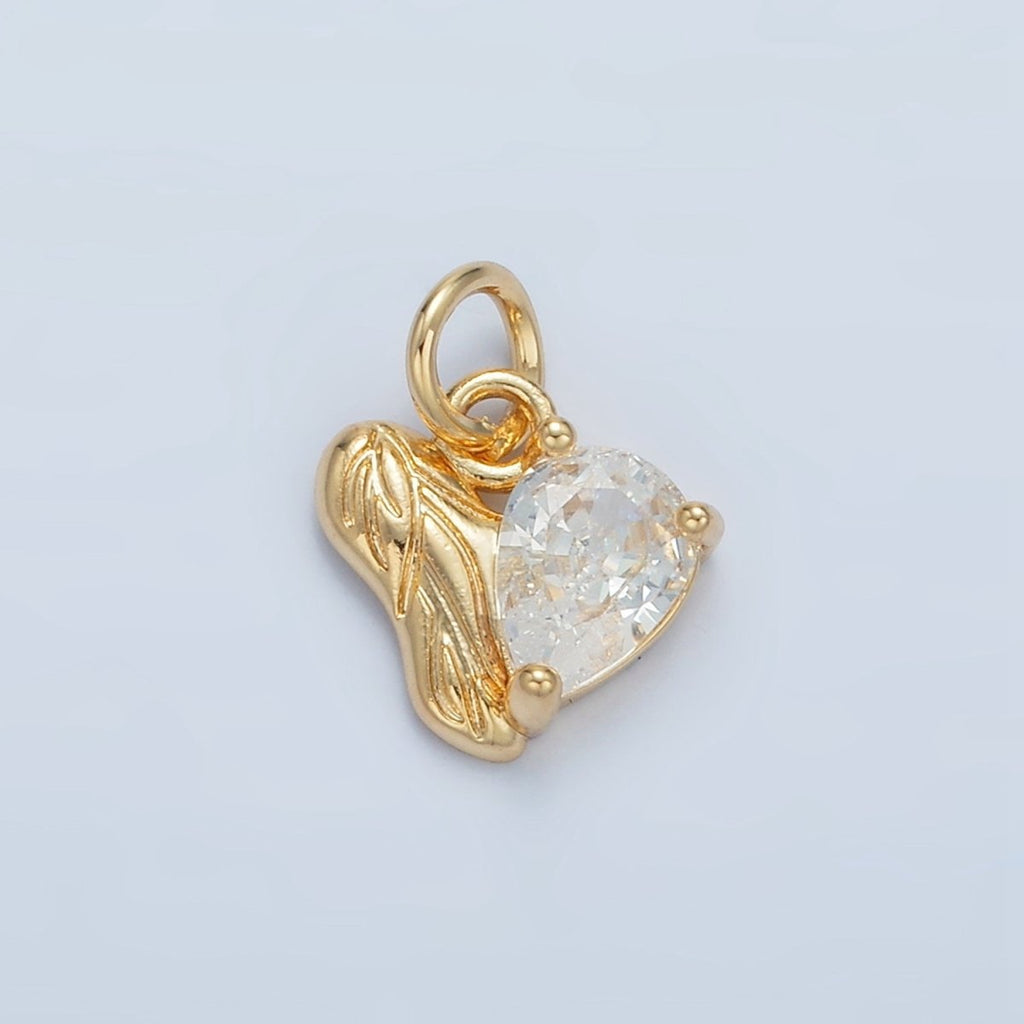 24K Gold plated Clear CZ Teardrop Engraved Leaf Nature Heart Charm | X293 - DLUXCA