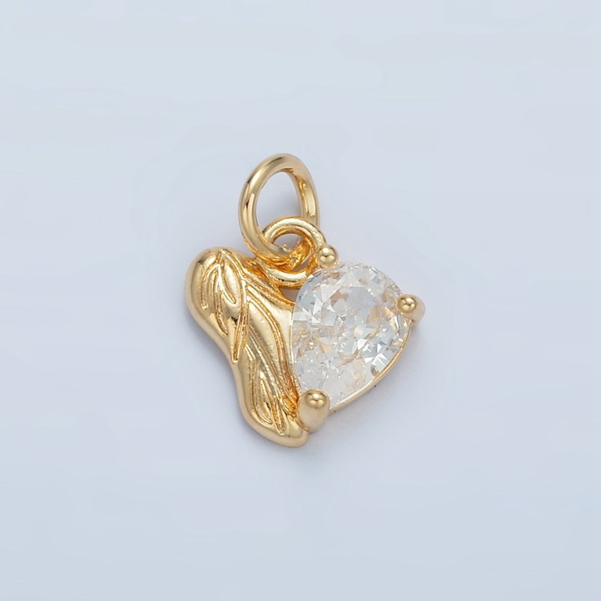 24K Gold plated Clear CZ Teardrop Engraved Leaf Nature Heart Charm | X293 - DLUXCA