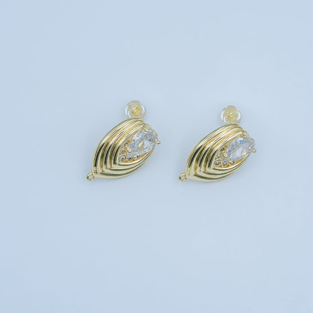 24K Gold plated Clear CZ Teardrop Round Lined Drop Stud Earrings | Z1148 - DLUXCA