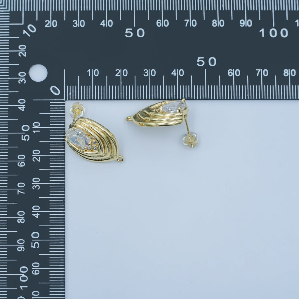 24K Gold plated Clear CZ Teardrop Round Lined Drop Stud Earrings | Z1148 - DLUXCA