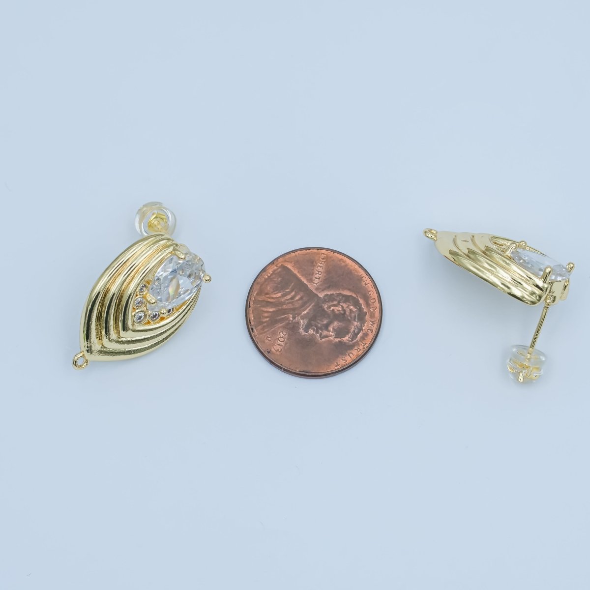 24K Gold plated Clear CZ Teardrop Round Lined Drop Stud Earrings | Z1148 - DLUXCA