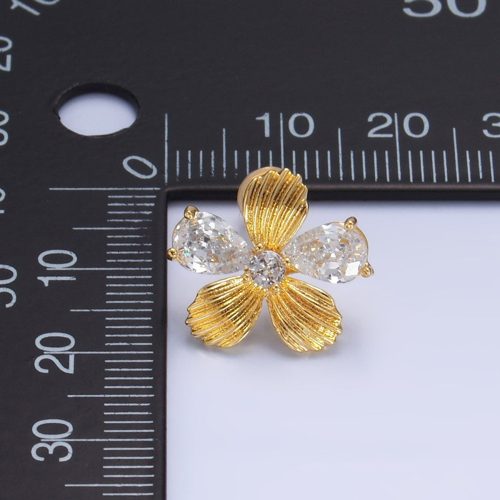 24K Gold plated Clear CZ Textured Flower Stud Earrings in Gold & Silver | AB722 AB723 - DLUXCA