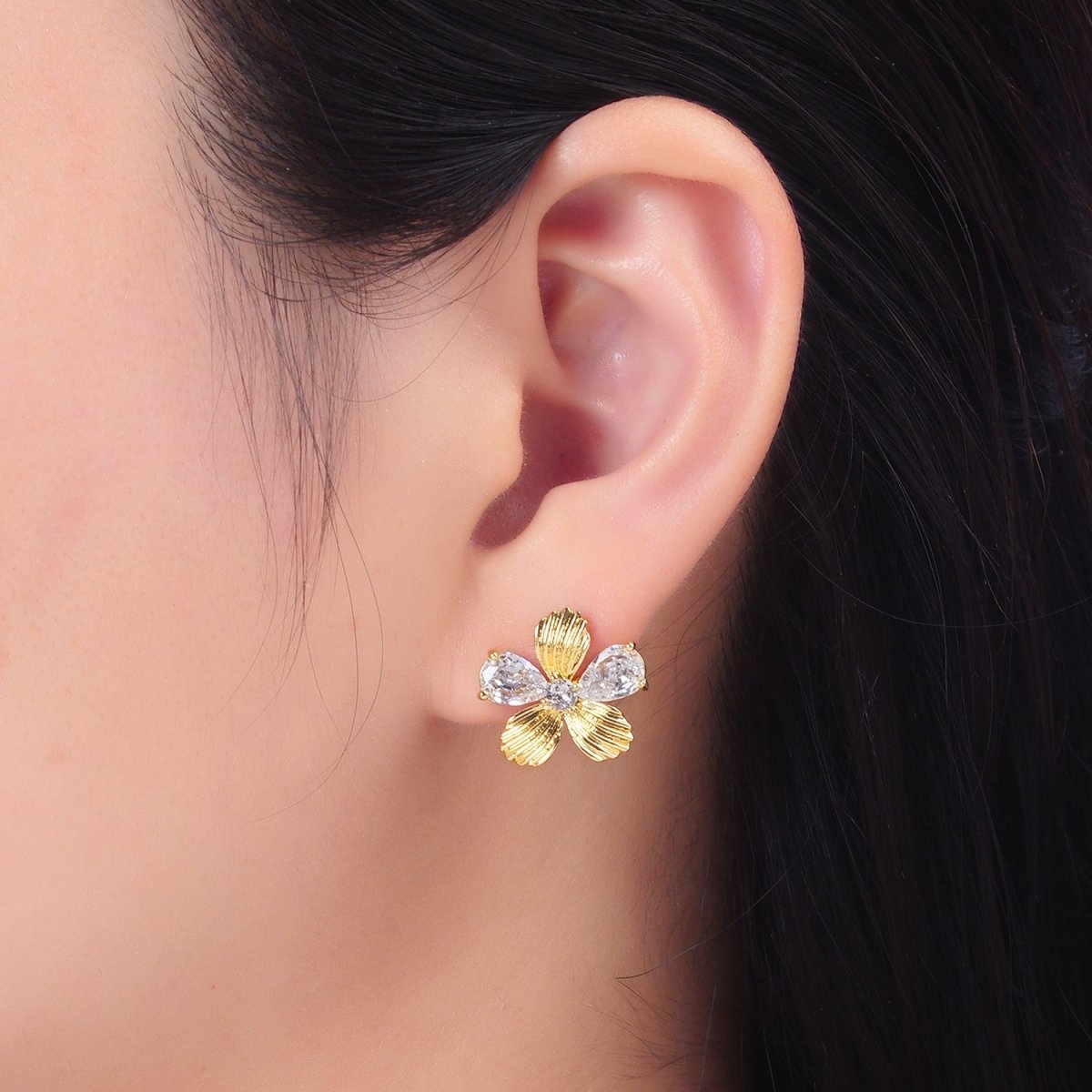 24K Gold plated Clear CZ Textured Flower Stud Earrings in Gold & Silver | AB722 AB723 - DLUXCA