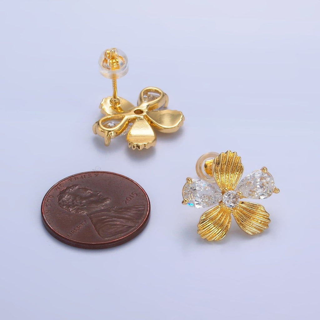 24K Gold plated Clear CZ Textured Flower Stud Earrings in Gold & Silver | AB722 AB723 - DLUXCA