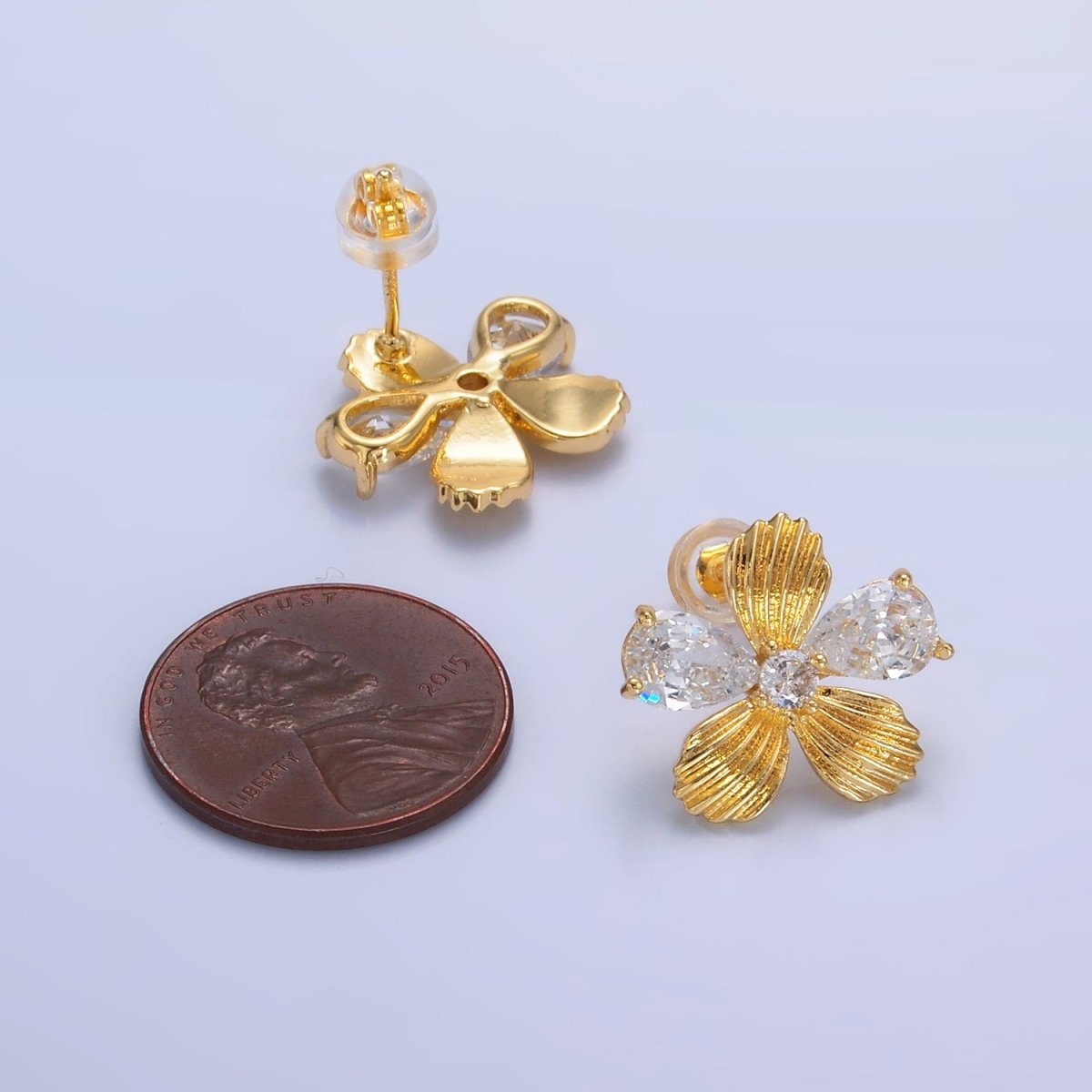24K Gold plated Clear CZ Textured Flower Stud Earrings in Gold & Silver | AB722 AB723 - DLUXCA