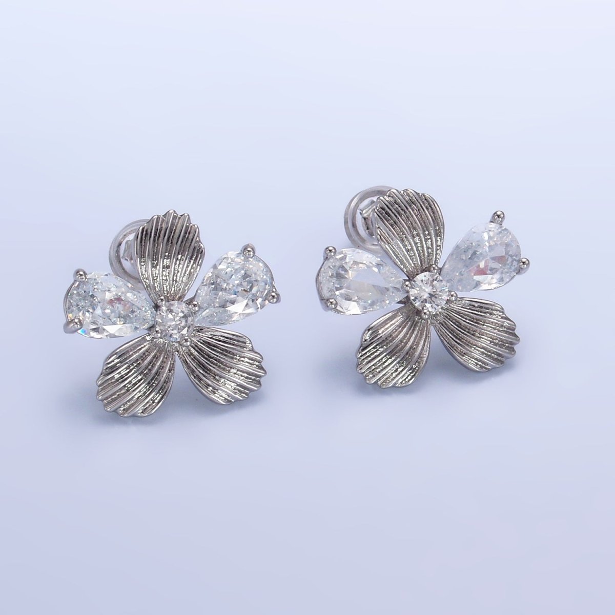 24K Gold plated Clear CZ Textured Flower Stud Earrings in Gold & Silver | AB722 AB723 - DLUXCA