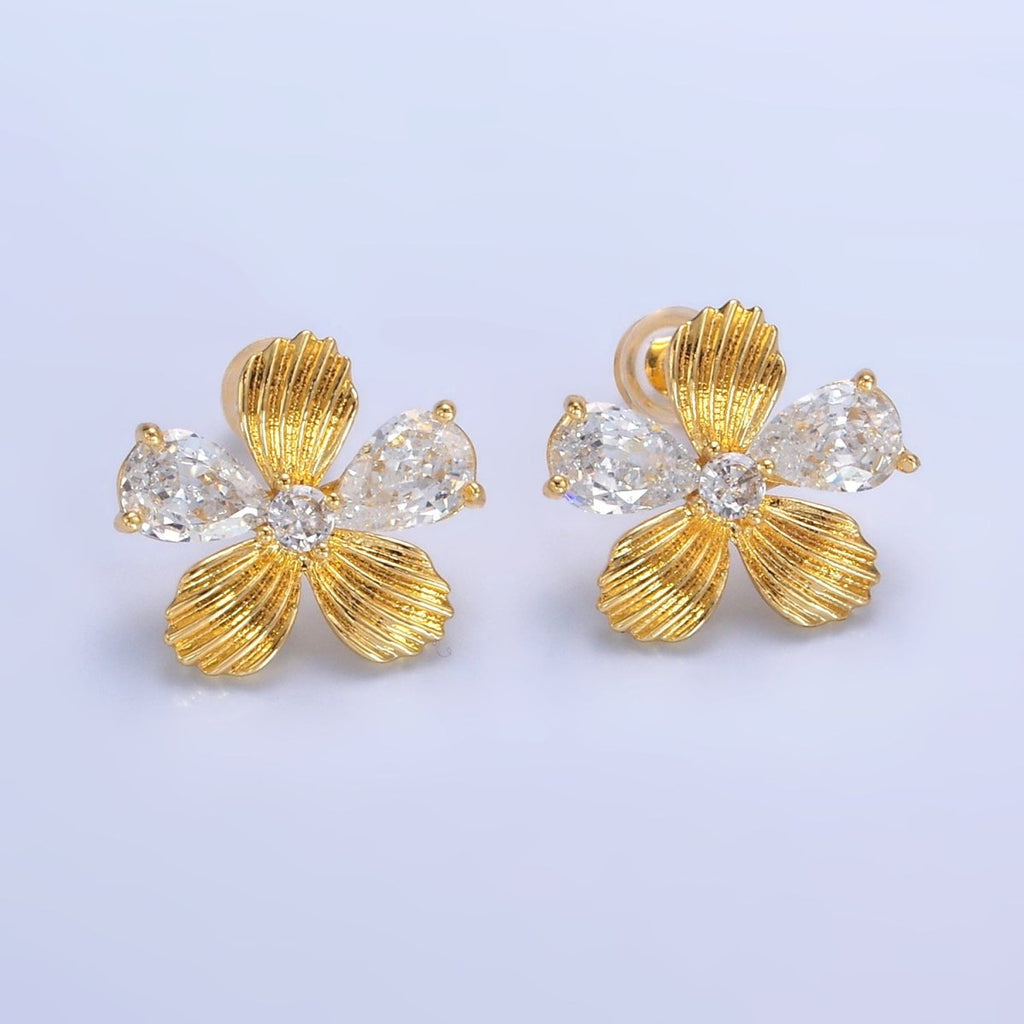 24K Gold plated Clear CZ Textured Flower Stud Earrings in Gold & Silver | AB722 AB723 - DLUXCA