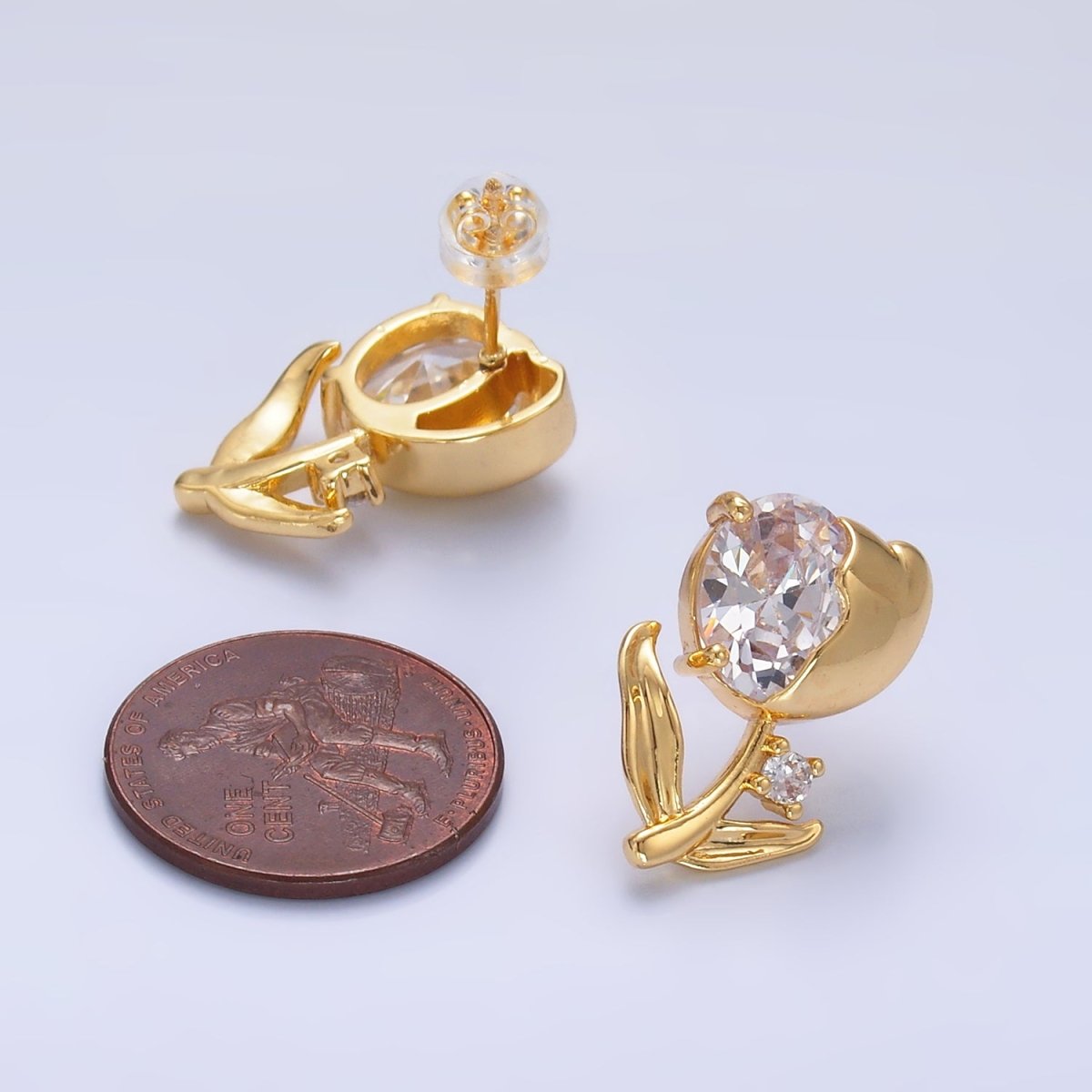 24K Gold plated Clear CZ Tulip Flower Stud Earrings | AB793 