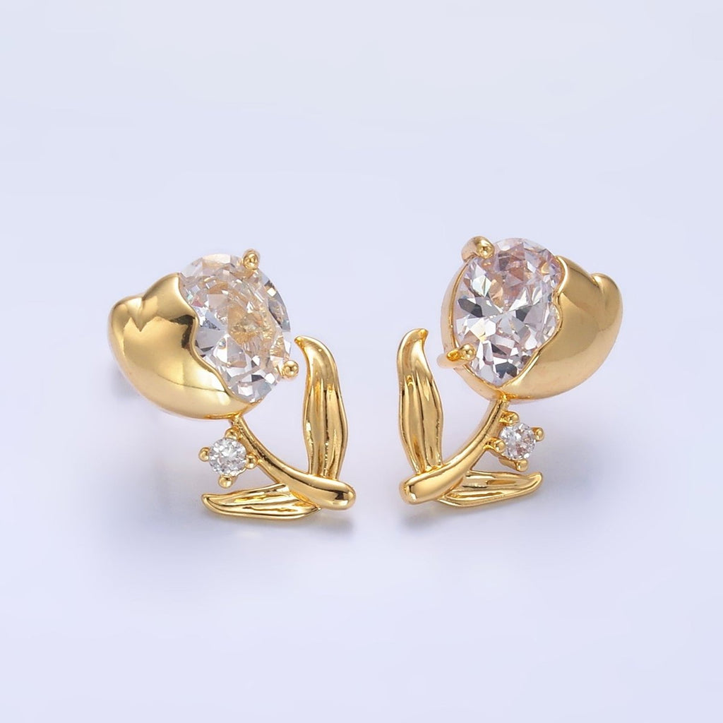24K Gold plated Clear CZ Tulip Flower Stud Earrings | AB793 