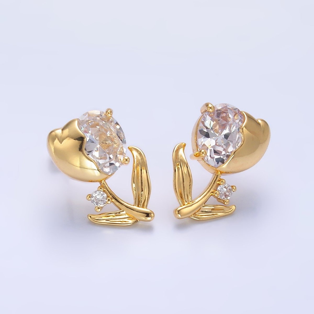 24K Gold plated Clear CZ Tulip Flower Stud Earrings | AB793 