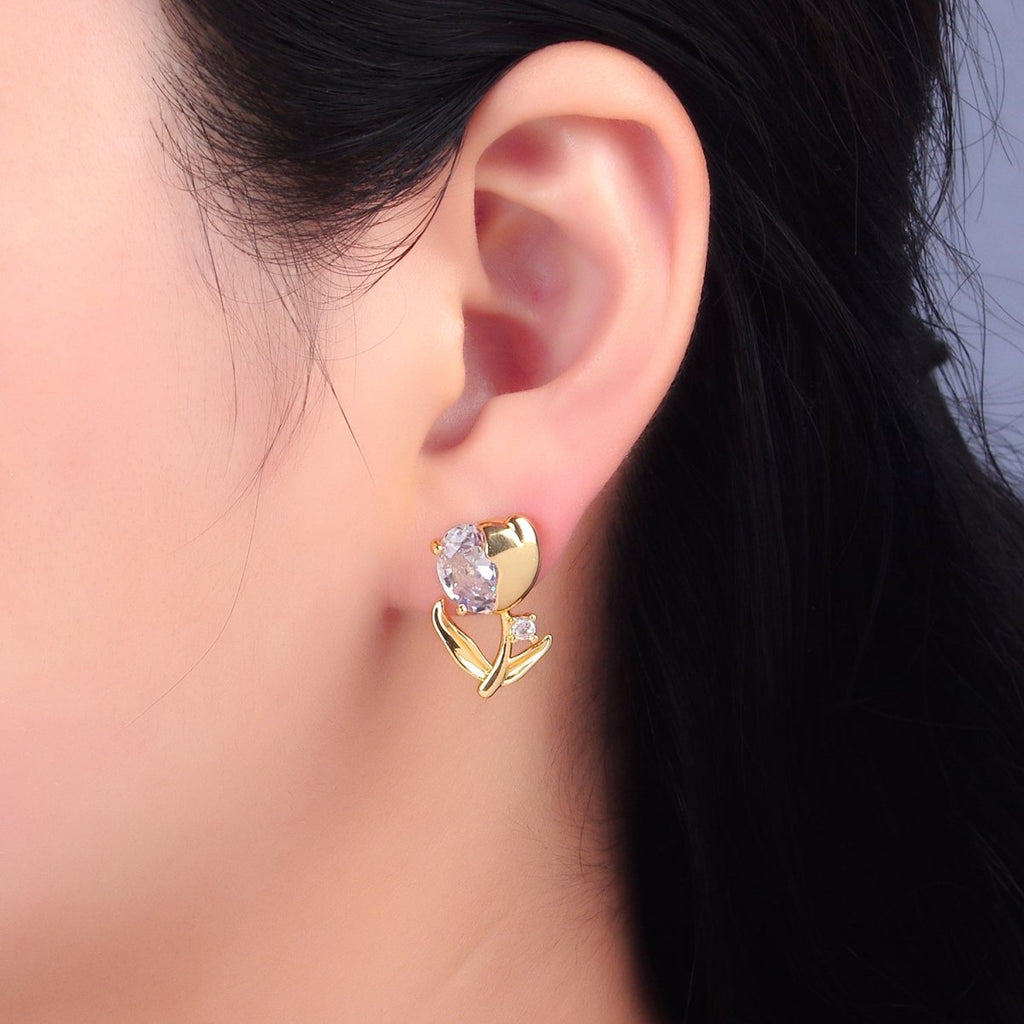 24K Gold plated Clear CZ Tulip Flower Stud Earrings | AB793 