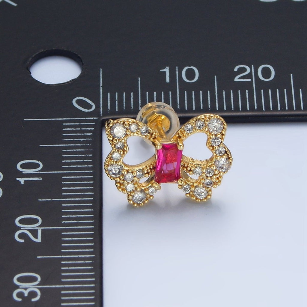 24K Gold plated Clear, Fuchsia Baguette Micro Paved CZ Butterfly Stud Earrings | AD773 - DLUXCA