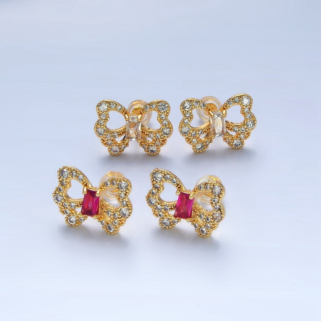 24K Gold plated Clear, Fuchsia Baguette Micro Paved CZ Butterfly Stud Earrings | AD773 - DLUXCA