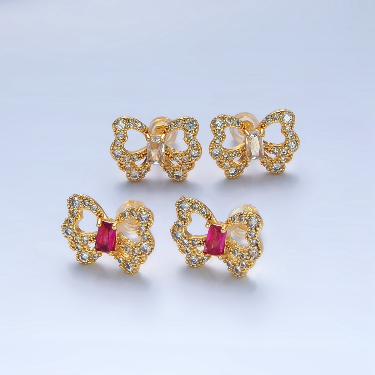 24K Gold plated Clear, Fuchsia Baguette Micro Paved CZ Butterfly Stud Earrings | AD773 - DLUXCA