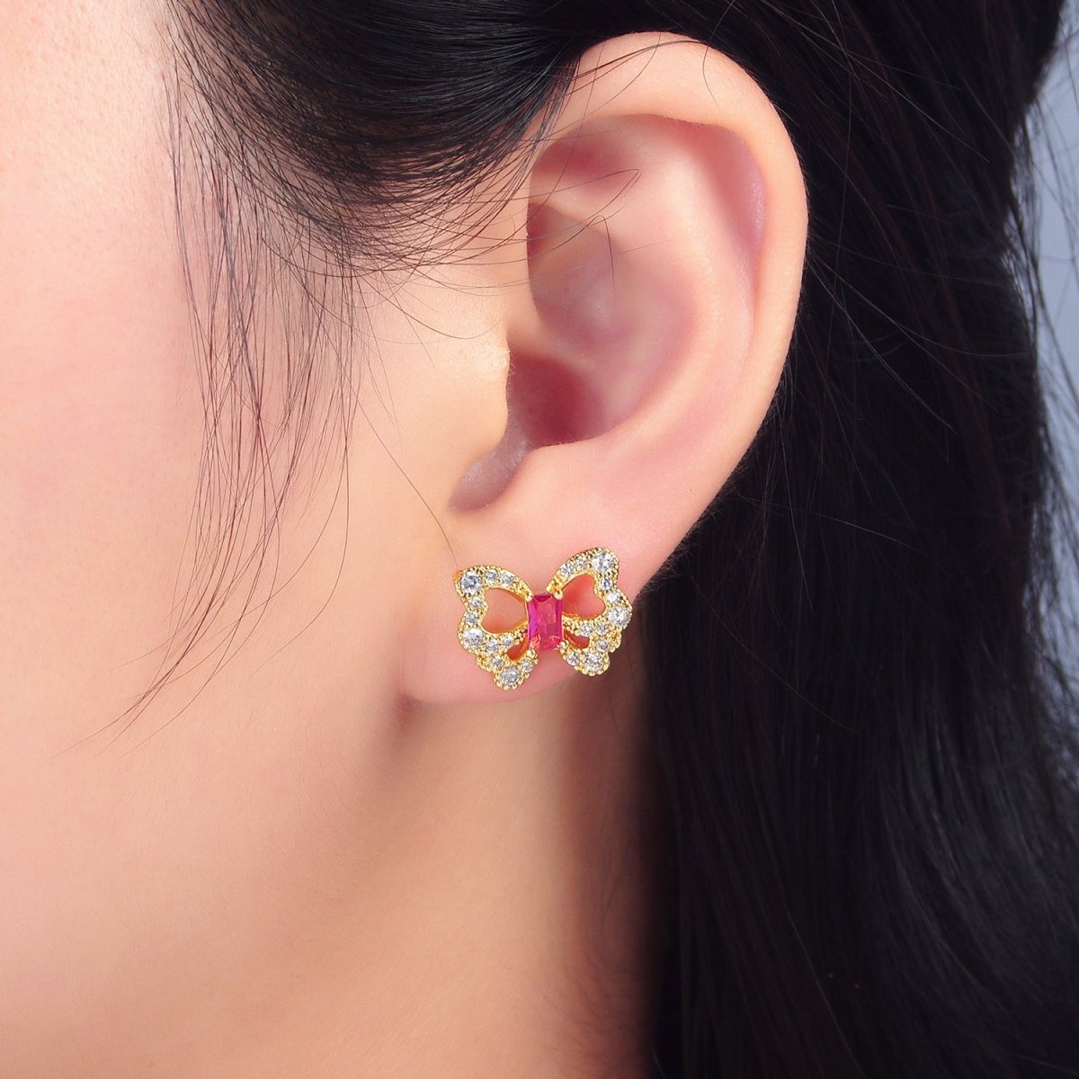 24K Gold plated Clear, Fuchsia Baguette Micro Paved CZ Butterfly Stud Earrings | AD773 - DLUXCA