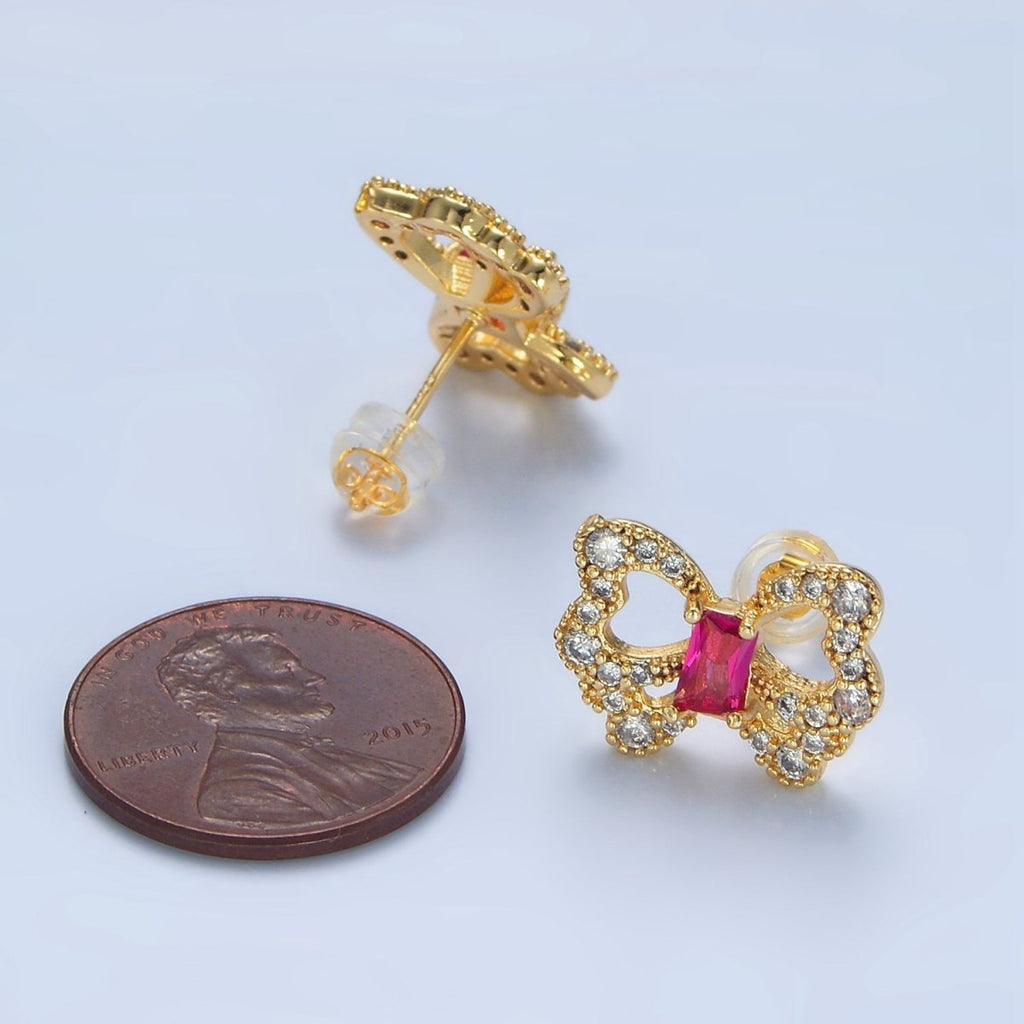 24K Gold plated Clear, Fuchsia Baguette Micro Paved CZ Butterfly Stud Earrings | AD773 - DLUXCA