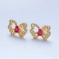 24K Gold plated Clear, Fuchsia Baguette Micro Paved CZ Butterfly Stud Earrings | AD773 P062 - DLUXCA