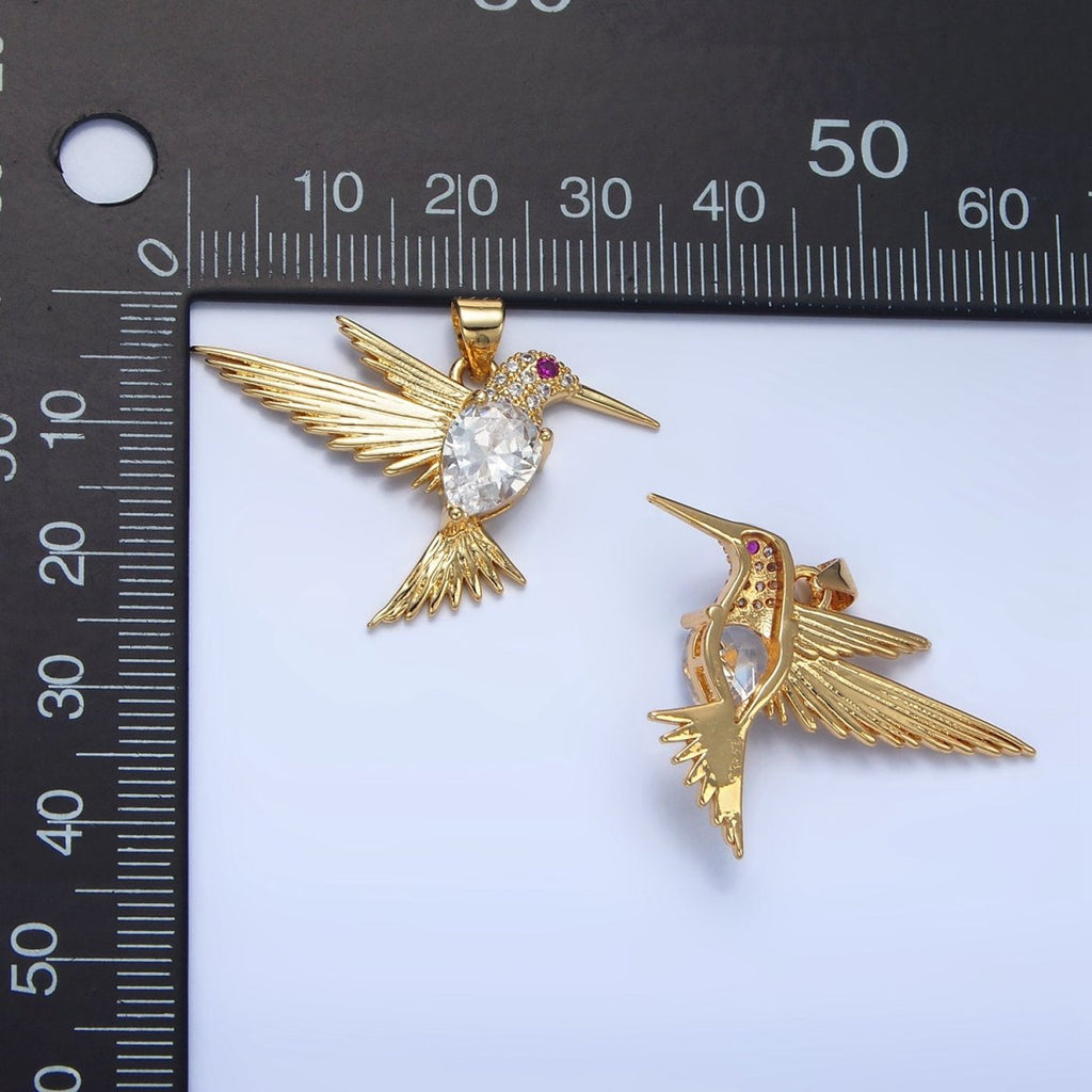 24K Gold plated Clear Fuchsia CZ Micro Paved Hummingbird Animal Pendant | AA141 - DLUXCA