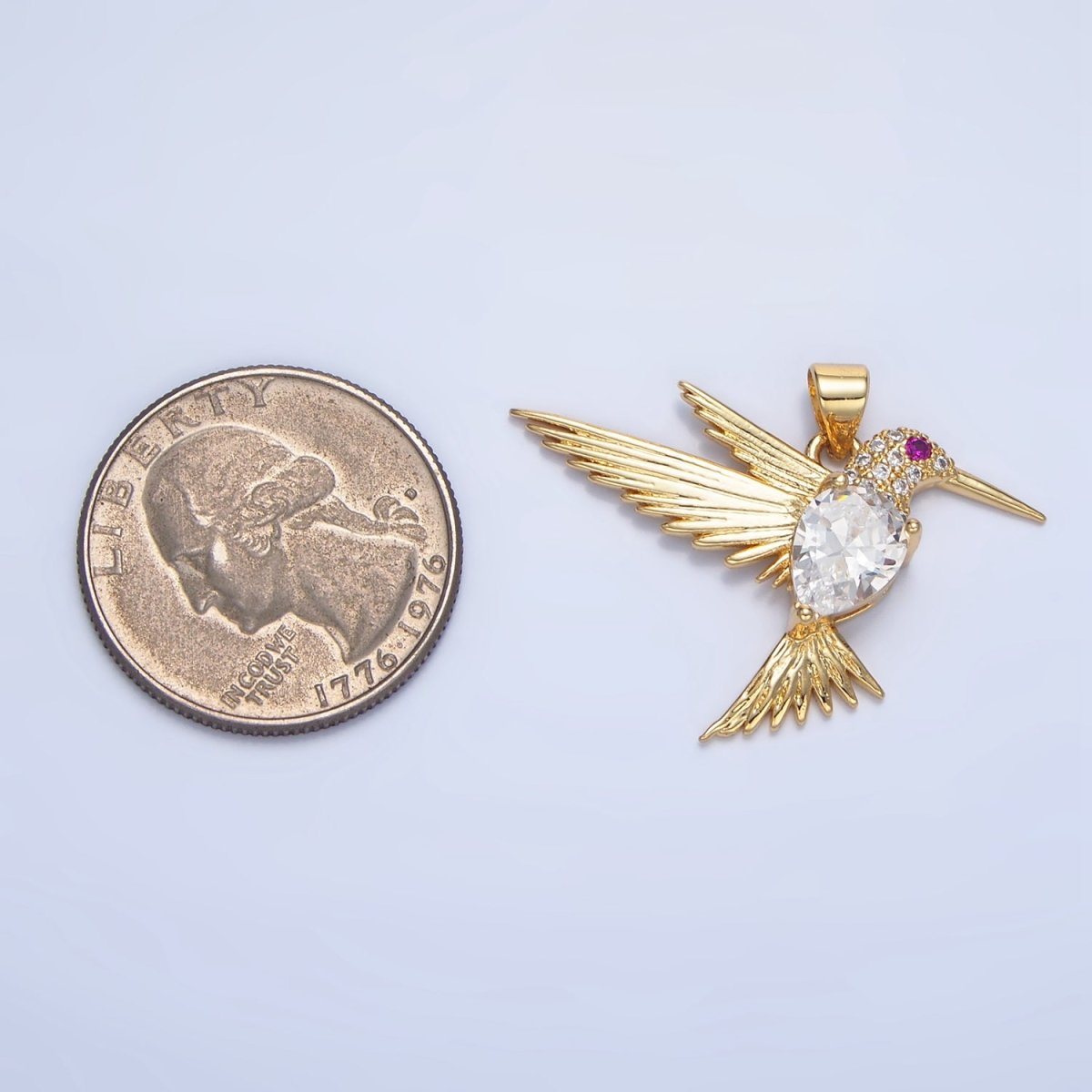 24K Gold plated Clear Fuchsia CZ Micro Paved Hummingbird Animal Pendant | AA141 - DLUXCA