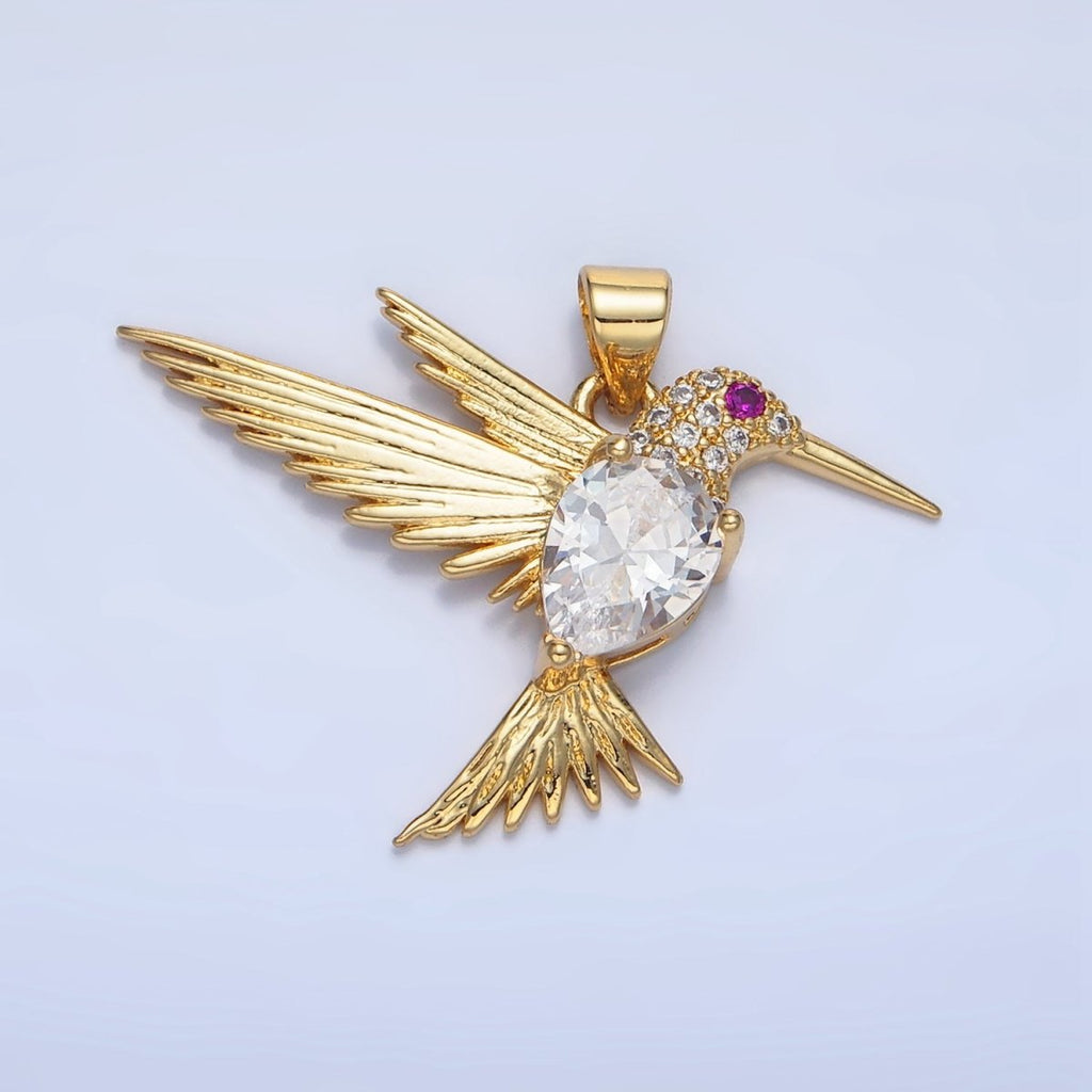 24K Gold plated Clear Fuchsia CZ Micro Paved Hummingbird Animal Pendant | AA141 - DLUXCA
