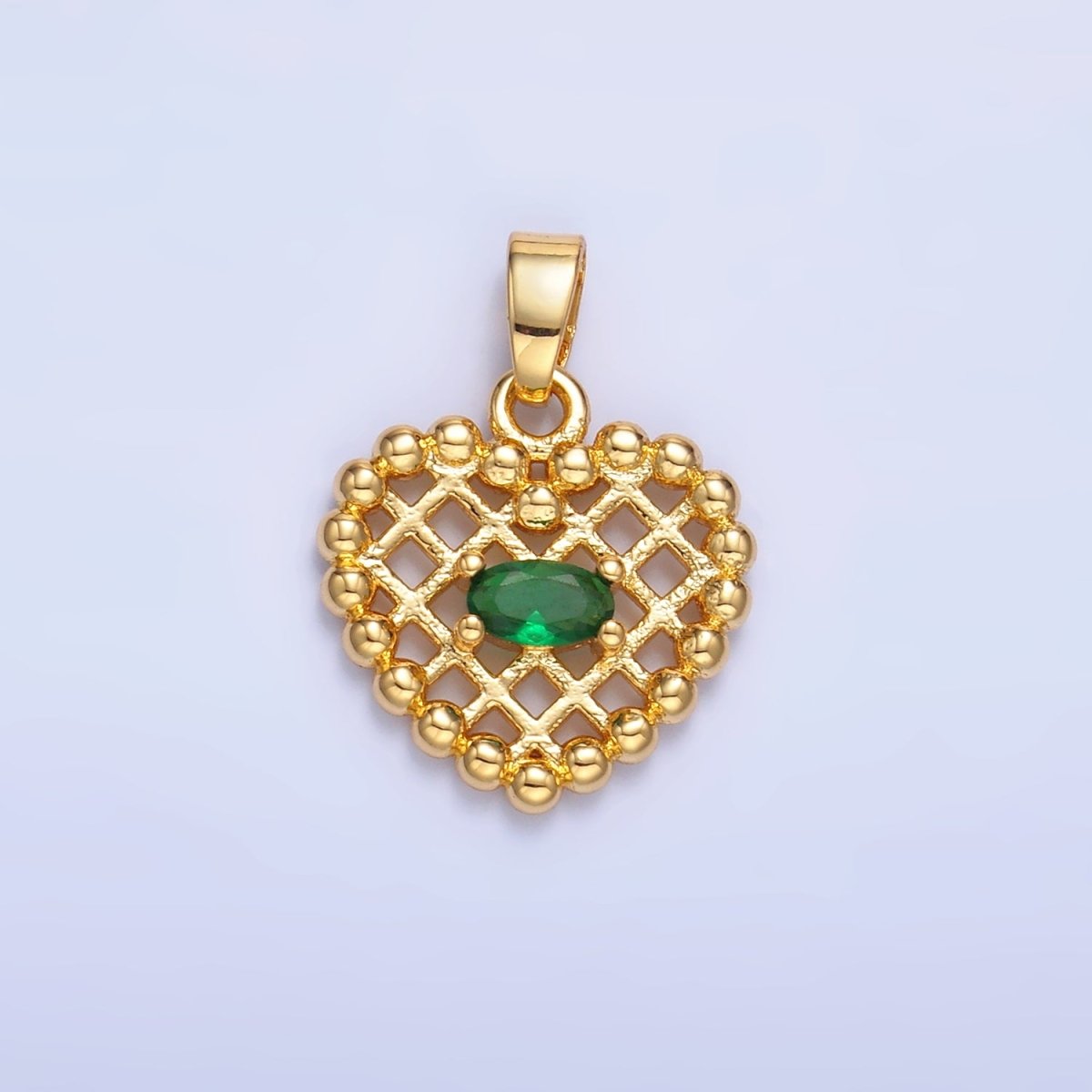 24K Gold plated Clear, Green CZ Beaded Ball Heart Pendant in Gold & Silver | AA1431 AA1432 