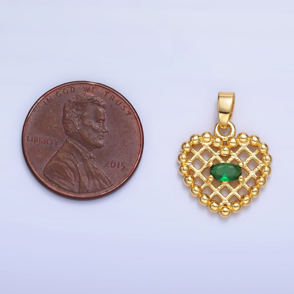 24K Gold plated Clear, Green CZ Beaded Ball Heart Pendant in Gold & Silver | AA1431 AA1432 