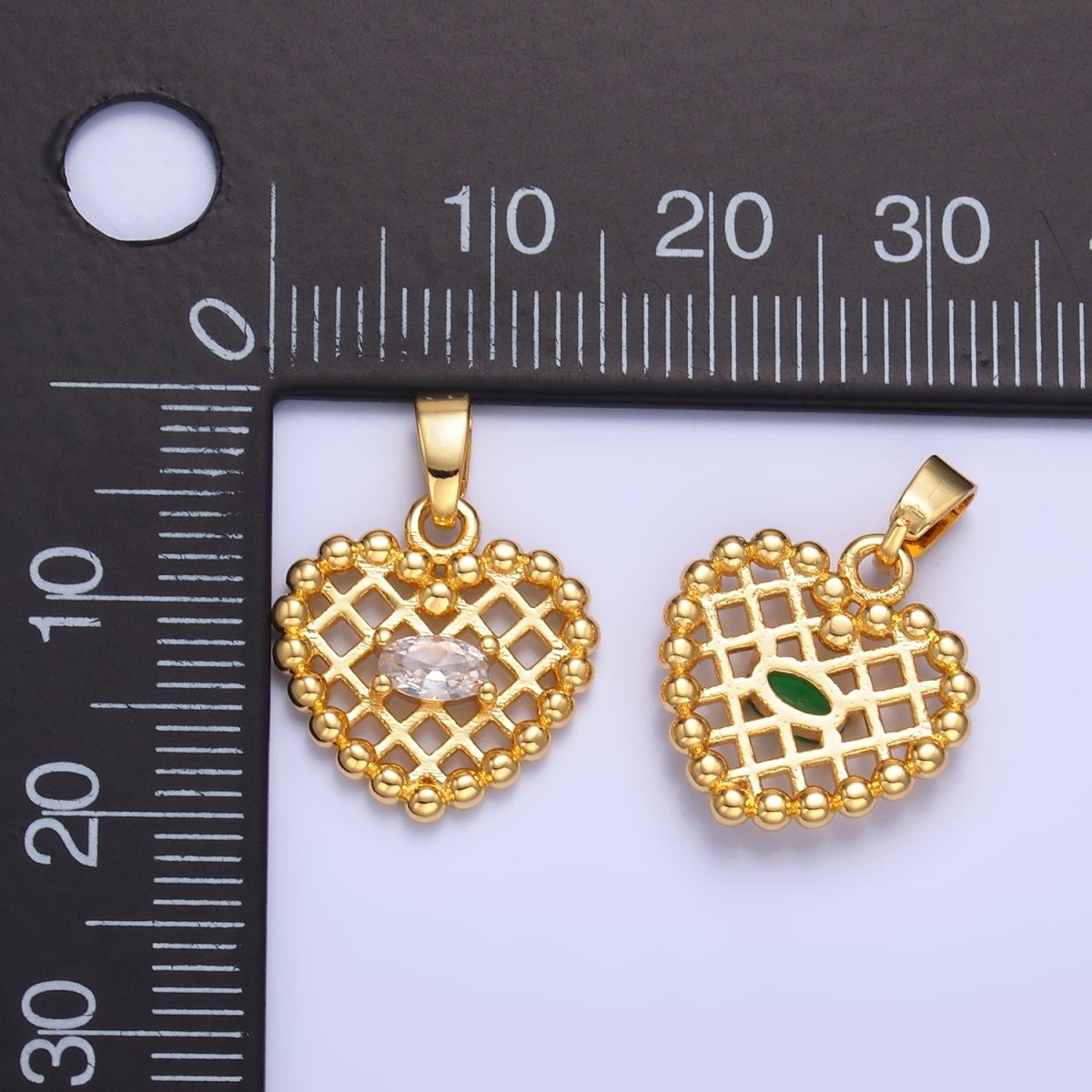 24K Gold plated Clear, Green CZ Beaded Ball Heart Pendant in Gold & Silver | AA1431 AA1432 