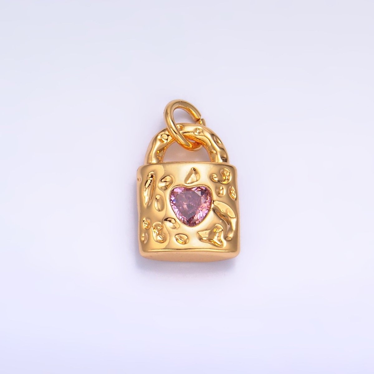 24K Gold plated Clear, Green, Pink CZ Heart Key Padlock Hammered Charm | W266 W267 - DLUXCA